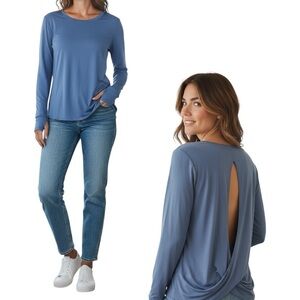 Spanx Butter‎ Long Sleeve Tee Shirt Womens Large Indigo Haze Thumbholes Stretch